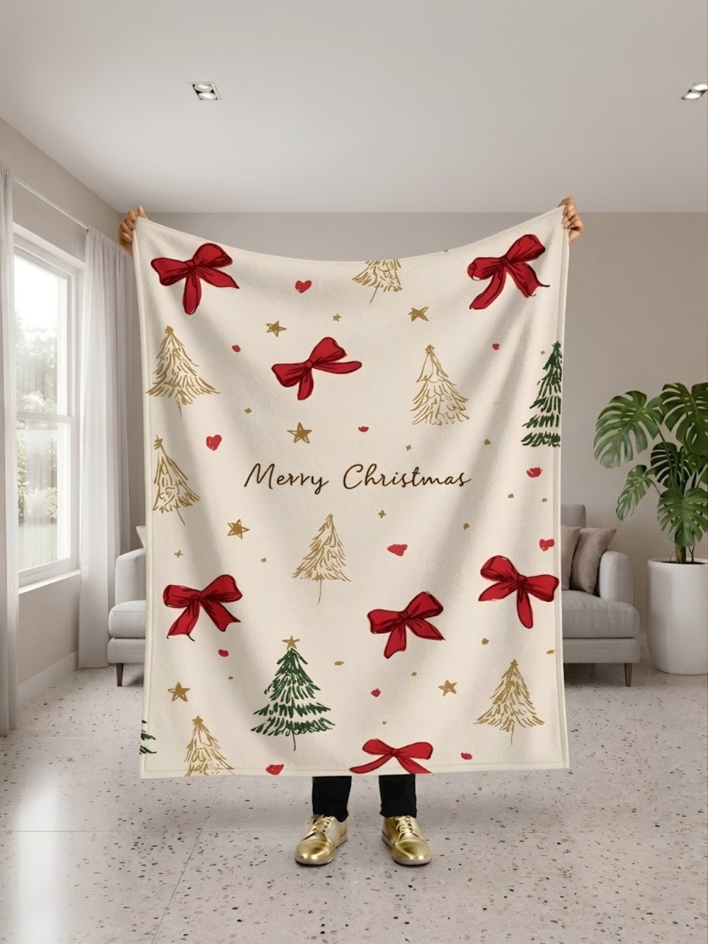 Holiday 'Merry Christmas' Cream Throw Blanket with Red Bow and Gold Tree Print